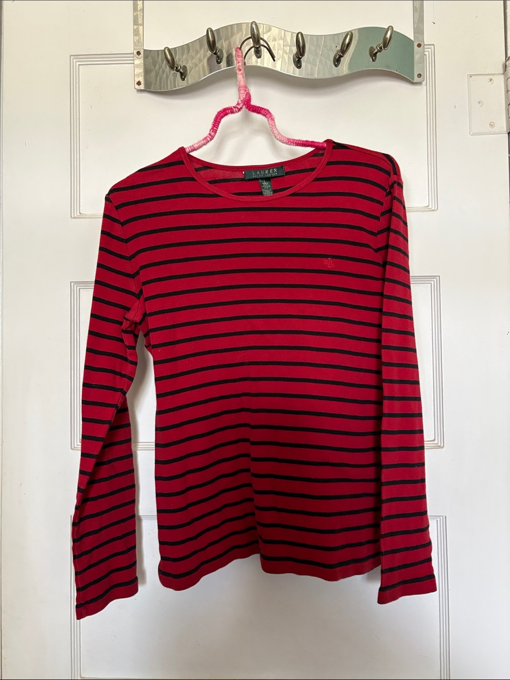 Ralph Lauren Red and Navy Striped Long-Sleeve Tee Size L